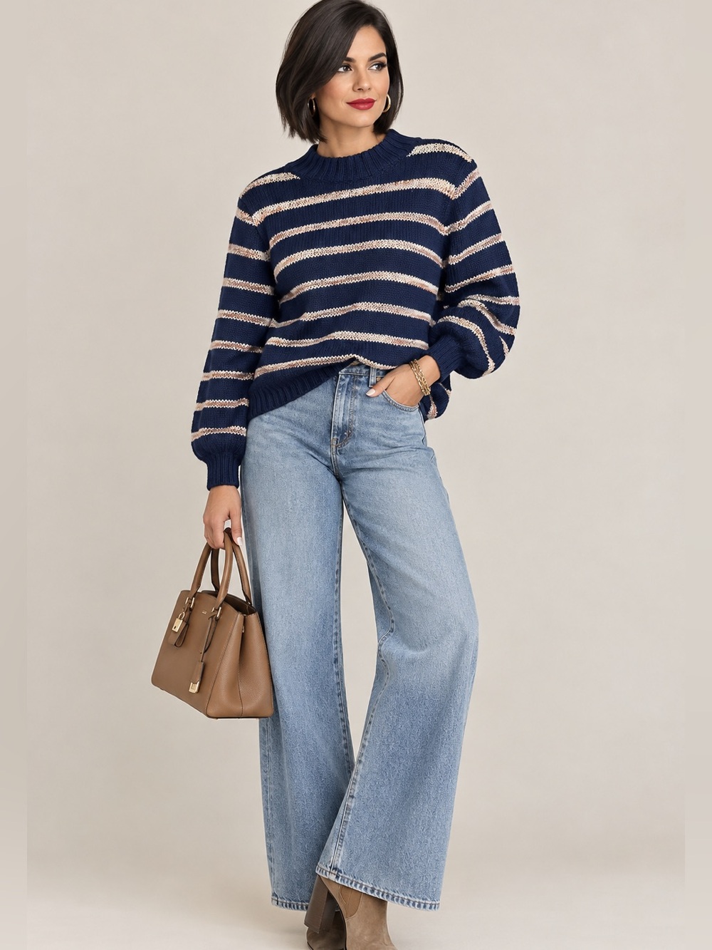Madewell wool Striped Metcalf Mockneck Sweater Size large Dark Nightfall Blue